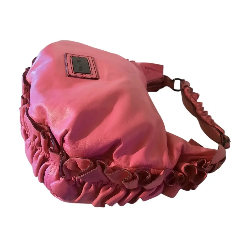 🎀 VALENTINO GARAVANI Ruffle Trimmed Nappa Leather Hobo Shoulder Bag- Hot Pink